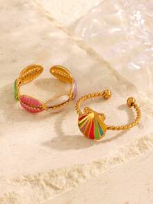 2 件套不锈钢彩色珐琅纹理鱼骨开口戒指套装，适合日常沙滩佩戴 - 彩色 - 查看 2