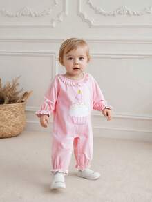 Baby Girls Birthday Romper Cake Embroidery Long Sleeve Ruffled Round Neck Full Length Jumpsuit - Pink - View 5