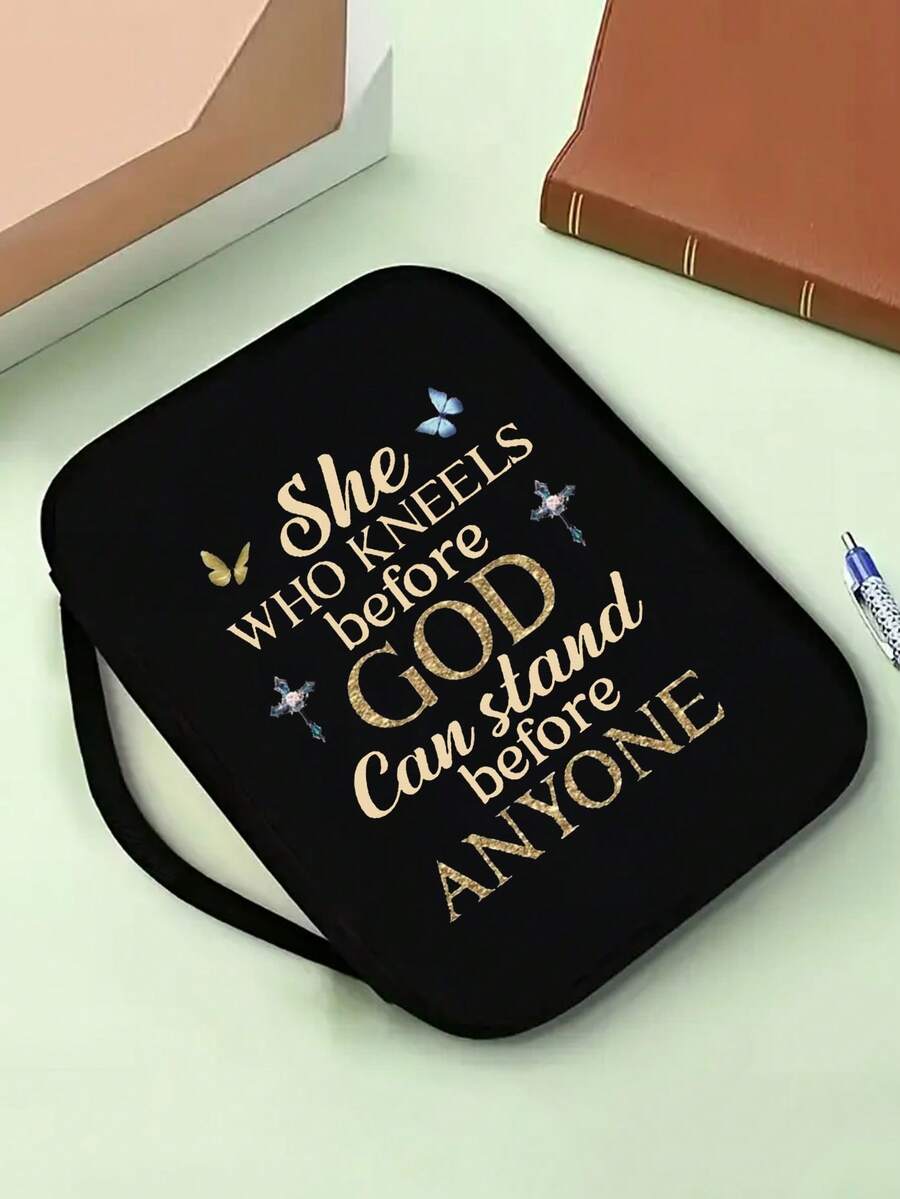 1pc Minimalist Bible Verse Cross Printed Book Tote Bag, With Handles Bible Storage Bag Multifunctional Large Capacity Organizer Bag For Daily Use - Black - View 1