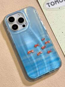 Ocean Cute Fish Gradient Blue Laser Phone Case Compatible With IPhone 16 15 14 13 12 11 Pro Max Korean Summer Goldfish Shockproof Bumper Protective Back Cover
