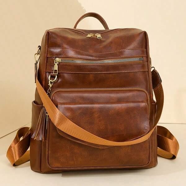 1pc Spacious Fashion Minimalist Patchwork Design Women Backpack, Suitable For Outdoor Travel And Daily Matching