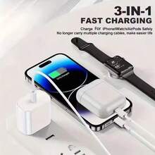 1 pieza Cable de carga rápida magnético 3 en 1, compatible con Apple Watch Series Ultra2/SE/10/9/8/7/6/5/4/3/2/1, 16/15/14/13/12/11 - Blanco - Ver 2