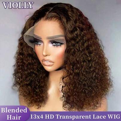  VIOLLY 200% 密度自然深波浪假发 13x4 透明蕾丝前部人发混合假发，适合女士深卷发短鲍勃假发，预拔发际线，适合日常或节日场合佩戴