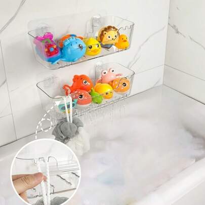 1pc Transparent Bath Toy Storage Organizer With Drain Holes - Durable Plastic Bathtub Holder, Quick-Dry & Easy To Clean Shower Caddy For Bathroom, Wall-Mounted Design, Bathroom Organizers And Storage, Bathroom Accessories, Shelves