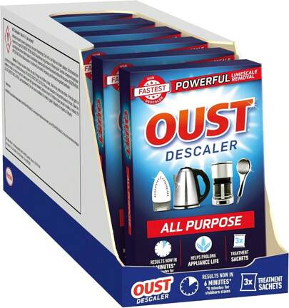 Oust Powerful All Purpose Descaler, New Formula, Limescale Remover – Ideal For Kettles, Coffee Machines, Irons And Shower Heads, 3 Sachets X 6 (18 Sachets Total)