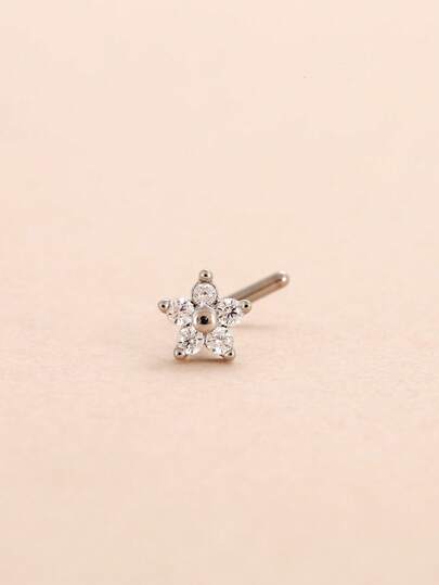 1pc Fashionable Small Flower Nose Stud, Silver L-Shape Screw Type, Gold