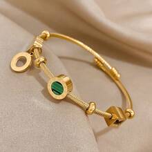 1 Piece Elegant Gold Adjustable Cuff Bracelet, Paired With Green And Black Stone Beads - Stainless Steel, Roman Numeral Design - Suitable For Daily Wear, Parties, Christmas And Valentine's Day Gifts - Màu ảnh - Xem 8