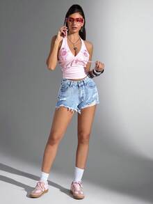 Jeanoix Summer Casual Washed Ripped Frayed Denim Shorts - Light Wash - View 5