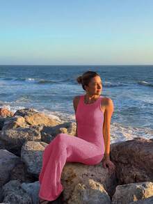 Women's Sexy Cute Casual Elegant Romantic Shiny Midi Dress, See-Through Knit Maxi Dress, Beach Cover Up, Party Club Long Dress, Sleeveless Summer Holiday Outfit, Christmas Valentine's Day - Pink - View 6