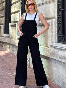 Denim Twill Jumpsuit With Casual Lace-Up Pockets And Button Closure - Black - View 1