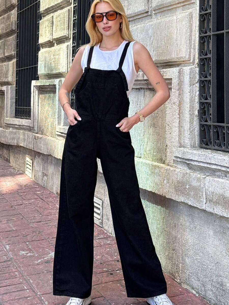 Denim Twill Jumpsuit With Casual Lace-Up Pockets And Button Closure - Black - View 1