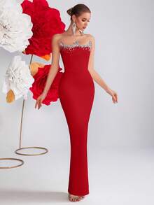 ADYCE 女士优雅无肩带手工镶钻高腰露背系带开衩及地长款礼服，适合晚宴、婚礼宾客、舞会、约会之夜、正式晚宴、生日派对、节日、家庭聚会、新年等各种场合，也适合情人节派对等春季穿着。 - 紅色 - 查看 3