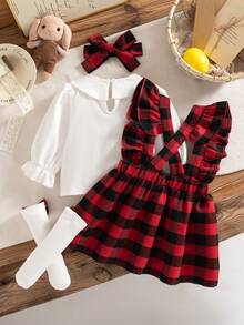 秋冬女婴套装：可爱彼得潘领衬衫、红色格子背带裙、蝴蝶结袜子、头带 - 紅色 - 查看 2