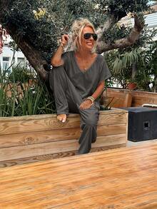 1 件女式针织面料连体裤，带口袋，适合节日、生日、派对、旅行、夏季 - 深灰色 - 查看 4