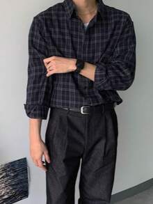 Men's Casual Plaid Long Sleeve Shirt, Purple, College Style, Suitable For Daily Wear, Spring/Autumn - Multicolor - View 2