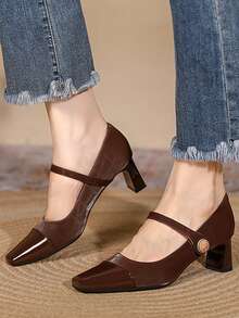 女士新款便捷魔术贴高跟鞋，粗跟舒适方头时尚春秋百搭中跟玛丽珍工作办公鞋，黑色，优雅 - 棕色 - 查看 7