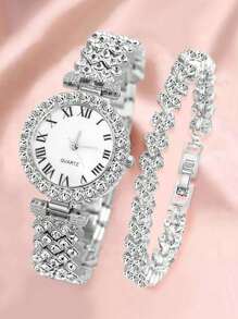 6PCS Ladies' Fashionable And Elegant Quartz Watch Set, High Luxury Full Diamond Round Roman Literal Watch, Paired With Diamond Studded Bracelet Jewelry Set, Suitable For Business, Daily And Party Wear, The Best Gift Set For Ladies.