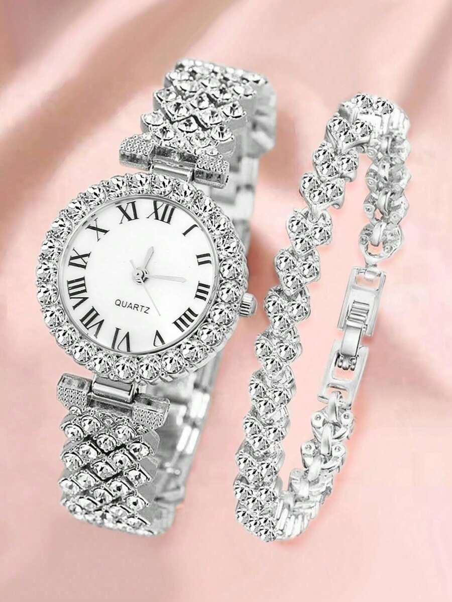 6PCS Ladies' Fashionable And Elegant Quartz Watch Set, High Luxury Full Diamond Round Roman Literal Watch, Paired With Diamond Studded Bracelet Jewelry Set, Suitable For Business, Daily And Party Wear, The Best Gift Set For Ladies.
