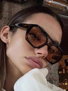 1 件男女通用方形复古个性海洋装饰时尚眼镜，高端百搭风格，适合日常佩戴飞行员形状太阳镜 - 豹紋茶 - 查看 4