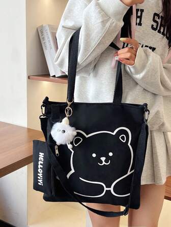 Cute Girl's One Shoulder Bag Backpack, Large Capacity Handbag, Middle/High School Student Bookbag With Pendant