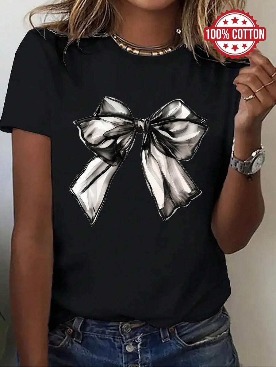 Playera esampado flora 3D plantas moño lazo strass Brillo Estampado Casual Diamante imitación - Negro - Ver 1
