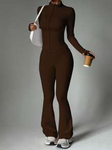 FWH 两件套街头风修身套装，包括带拇指孔的拉链外套和高腰喇叭裤（腰部可调节），塑形提神，提升女性自信的运动服套装。 - 棕色 - 查看 6