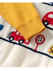 小男孩卡通汽车提花针织套头衫，全新秋冬设计