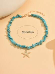 1件夏季波西米亚风格手工天然绿松石锁骨链时尚百搭合金海星吊坠项链，适合女士日常佩戴、节日、派对、音乐节。天然绿松石的形状、大小和图案随机。 - 彩色 - 查看 4