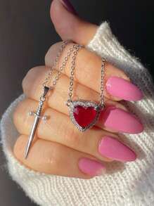 2pcs/Set Elegant Luxury Red Heart & Sword Couple Necklace, Stainless Steel Chain With Sparkling Cubic Zirconia Pendant, Suitable As Gift For Women & Men