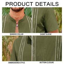 Runcati Mens Short Sleeve Guayabera Shirts Linen Cotton Button Down Mexican Embroidered Wedding Shirt Summer Tops - Army Green - View 5