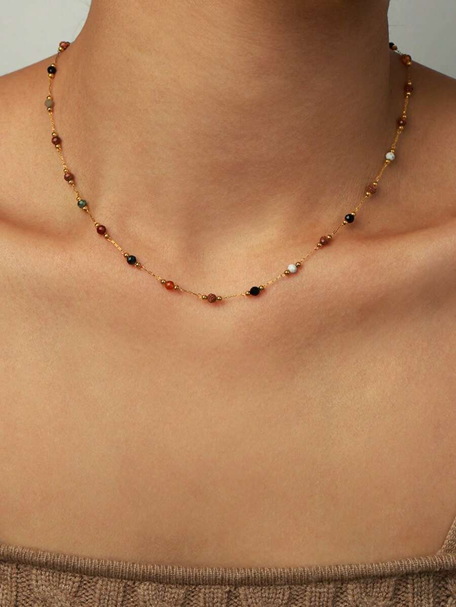 1条女士不锈钢项链，搭配随机混合天然石珠，手工制作，适合日常叠戴，可作为配饰或礼物（珠子颜色和数量随机，不含礼盒）