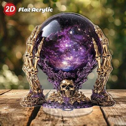 Acrílico 2D, Plano, Material Acrílico 2D, Uma Caveira Dourada com Bola de Ametista e Suporte Elegante, Decoração de Mesa, Adequado para Casa e Escritório, Aumenta a Criatividade e o Relaxamento, Uso Interno/Externo, Decoração de Escritório | Design de Caveira Dourada | Artesanato Requintado, Decoração de Bola de Cristal