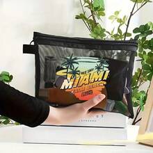 ​​MIAMI SUNSET Mesh Drawstring Bag - Vibrant Palm Beach Florida Themed Organizer For Travel & Beach Essentials | Lightweight Breathable Storage Pouch With Tropical Sunset & Palm Tree Design - Perfect For Swimwear, Sunglasses & Vacation Must-Haves - Black - View 1