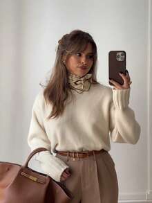 VIBEWAVE Autumn/Winter Beige Crew Neck Chunky Soft Knit Sweater Ribbed Cuffs Loose French Vintage Commuter Versatile Pullover Top - Apricot - View 4