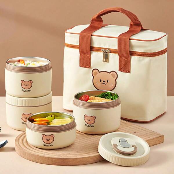 WORTHBUY 1set Portable 304 Stainless Steel Insulated Lunch Box With Cutlery & Lunch Bag, Microwaveable Cute Bear Patterned Lunch Container, Leak-Proof Fruit/Soup/Food Jar For Adults/Students/Office Workers/Picnic Campers,Kitchen,Christmas Gift,School Supplies