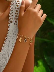 1pc Initial Letter Bracelet With Western Cowgirl Lips, Poker, Cherry, Cowboy Boots Charms, Heart Pendant Bracelet For Women, Cute Funky Jewelry, Teen Girls Accessories, Perfect As Gift For Mother's Day
