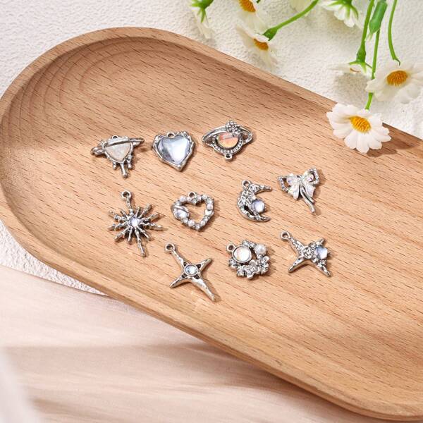10pcs Random Color Rhinestones, Moon Shape, Heart Shape, Bow, Cross, DIY Accessories, Suitable For Making Bracelets, Necklaces, Earrings