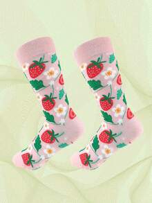 1 双男女款可爱有趣的草莓和花朵图案中筒袜，适合春、夏、秋季日常、运动和派对穿着，是送给家人、朋友和伴侣的好礼物 - 粉色 - 查看 2