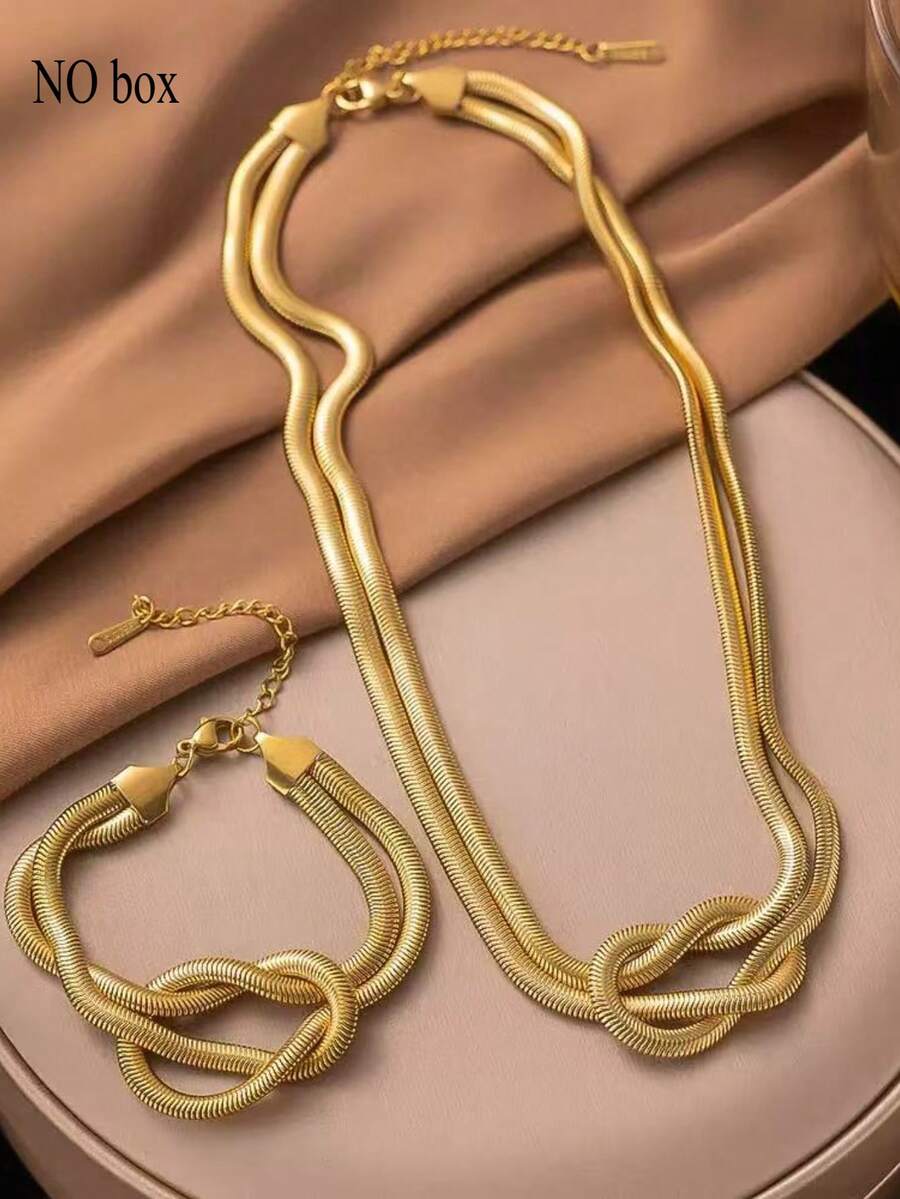 2 piezas/set de joyería de collar y pulsera trenzado de acero inoxidable, diseño de doble capa de moda para mujeres y hombres, ideal para uso diario, Gatherings, festivales y fiestas - Amarillo Oro - Ver 1