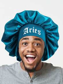 1pc Men Satin Sleep Bonnet - Soft Hair Protection Cap With Wide Band For Nighttime & Daily Use, Black With White Print, Hair Bonnet For Sleeping