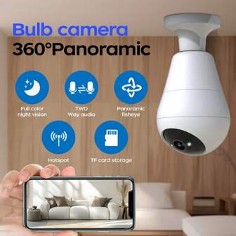 2.4G 1080P WIFI Light Bulb Camera, HD Mini 360° PTZ Panoramic Smart Home IP Camera,E27 Indoor Outdoors, 2.4G Dome Surveillance,Baby Pet Monitor,Two Way Audio, Motion Detection Alarm Works With 5G Phone Computer Ipad
