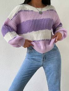 1 buah Sweater Pullover Tebal Kasual untuk Anak Perempuan, Atasan Rajut Bergaris Ungu yang Nyaman & Lembut, Musim Gugur/Dingin - Purple - View 7