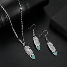 3Pcs Boho Feather Necklace Long Feather Pendant Necklace Chain Gold Silver Leaf Necklace Vintage Deck-Shaped Earrings Jewellery Set For Women And Girls