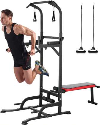 Dip Station Power Tower, torre di potenza multifunzionale con panca pieghevole per pesi, barra per trazioni per attrezzature per l'allenamento della forza per palestra domestica, incluse fasce di allenamento, capacità di carico fino a 200 kg