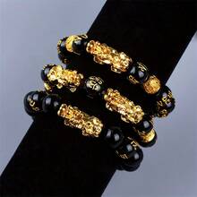 3pcs Feng Shui Lucky Wealth Attraction Bracelets - Natural Stone & Obsidian  Beads With Golden Accents, Double Pixiu Design & Six Character Mantra, Unisex Spiritual Jewelry For Men & Women, Good Luck Charm | Elegant Bracelet | Intricate Beadwork, Bracelet Charms