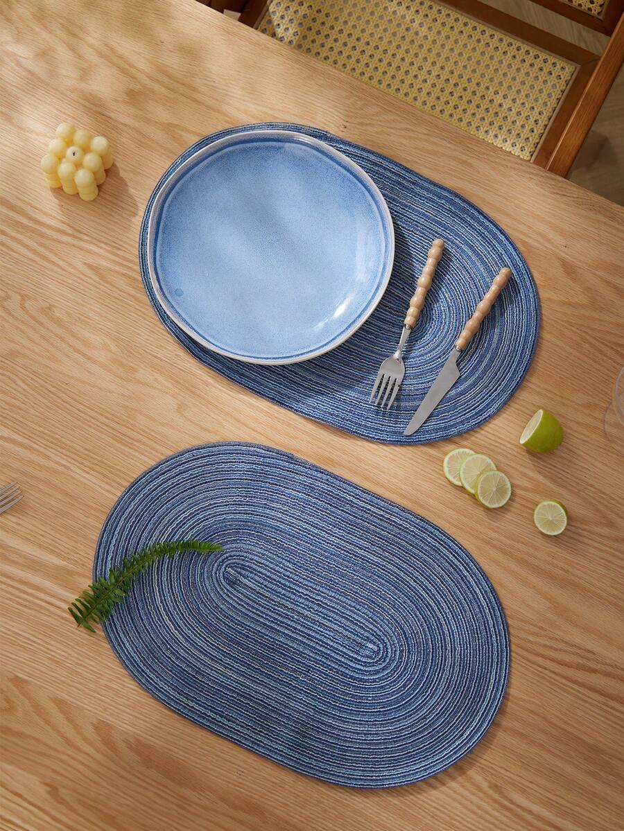 1/2/4/6/8pcs Minimalist Ombre Beige Oval Polyester Placemats - Blue - View 1