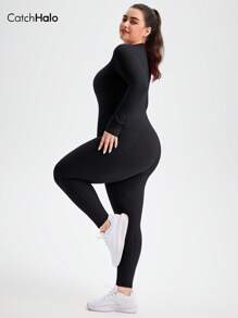 Catch Halo Zip Up 4-Way Stretch Plus Size Bodysuit For Women - Crew Neck & Long Sleeve Jumpsuit With Side Pockets | Tummy Control & Butt Lifting Body Slimming Workout Romper | Breathable Squat Proof Workout Set For Gym, Yoga, Pilate, Running, Cycling (Black, 0XL~2XL)