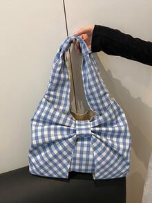 Women's Checkered Bow Decoration Shoulder Underarm Bag, Sweet And Cool Outdoor Vacation Travel Bag, Multifunctional Daily Commuting Shopping Shoulder Bag, Casual Cell Phone Coin Storage Bag, Cute Bow Bag For Women , Bow