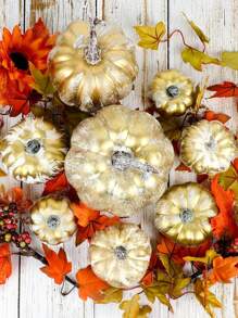 1set Artificial Pumpkins,Gold Plastic Pumpkin,4 Sizes For Halloween Thanksgiving Fall Party Harvest Table Decoration Supply Fake Pumpkin, Thanksgiving,Table Centerpiece Mantle Kitchen Wedding Friends Giving Party Home Decor