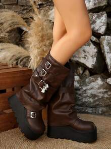 女士高筒靴，厚底，2025增高，2025新款过膝长靴，适合娇小身材，棕色，复古骑士靴，TPR材质，拉链和铆钉装饰，适合户外、节日、派对、秋冬，时尚靴子 - 棕色 - 查看 4